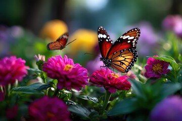 Colorful butterflies fluttering over vibrant flowers in a sunny garden setting
