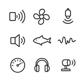 Underwater Noise Icons. Outline icon set of underwater noise pollution: sonar beam, ship propeller, pinger, speaker, fish