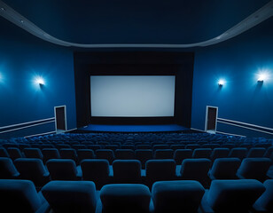 Empty of cinema in blue color with white blank screen. Mockup of hall, auditorium. Empty of cinema in blue color with white blank screen. 