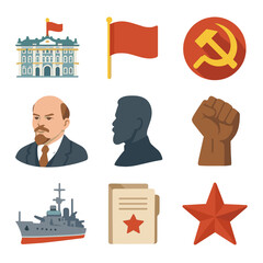 Naklejka premium Russian Revolution Icons. Isometric Flat icon set of Russian Revolution: Winter Palace, Bolshevik red flag, hammer and sickle