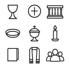 Sacrament Symbols Icons. Outline icon set of shared sacrament celebration: chalice, paten, wafer, communion rail, ciborium,