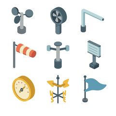 Wind Measurement Icons. Isometric Flat icon set of wind measurement tools: cup anemometer, vane anemometer, pitot tube, wind sock,