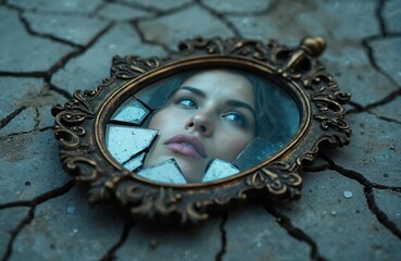 Obraz premium Broken mirror reflects woman fragmented face, capturing shards of identity. Fractured image emotions, introspection, mental state. Concept of damage, fragility, self, mental health. Portrait of