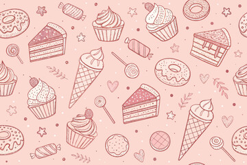 Dessert Pattern with Hand-Drawn Sweets on Pastel Pink Background