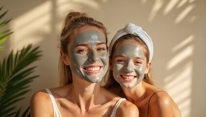 Portrait mother daughter wearing mud clay face mask on beige background. Natural skincare, beauty treatment in spa. Young female and child with face mask. Skincare routine.