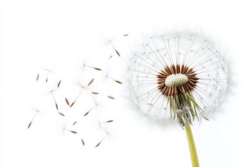 Whispers of freedom A dandelion shedding seeds on a gentle breeze against pure in white background. Generative Ai