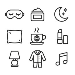 Self-Care Icon Set. Outline icon set of self-care skincare mask night: sleep mask, night cream jar, pillow, moon and stars,