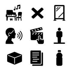 Performance Prep Icons. Solid, filled icons set of rehearsal and performance prep: rehearsal room, mark on