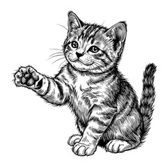 An adorable kitten greets the viewer. A detailed black and white illustration showcases the cuteness and charm. vector illustration