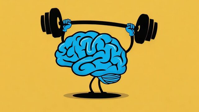 Blue cartoon brain lifting barbell, yellow background.