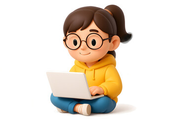 Adorable Girl in Yellow Hoodie Uses Laptop Computer Technology Education Learning
