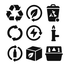 Recycling and Energy Icons. Solid, filled icons set of recycling and energy synergy: recycling arrows,