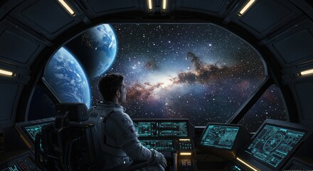 Astronaut gazes upon celestial vista from spacecraft cockpit