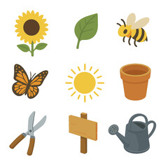 Sunflower Garden Icons. Isometric Flat icon set of sunflower field panorama: sunflower bloom, stem leaf, bee, butterfly, sunbeam,