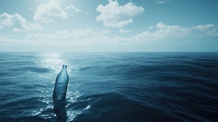 Obraz premium A solitary glass bottle floats on the calm ocean surface under a serene blue sky with light clouds, reflecting light and serenity in nature's vastness