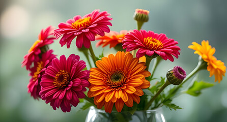 Fototapeta premium Enchanted bouquet of zinnias in glass vase, under morning dew