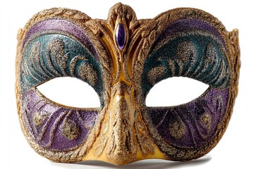 A glittering Mardi gras mask in shades of gold, purple, and green, set against a white backdrop. Generative Ai