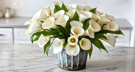 Enchanted bouquet of calla lilies in rustic bucket, on marble countertop