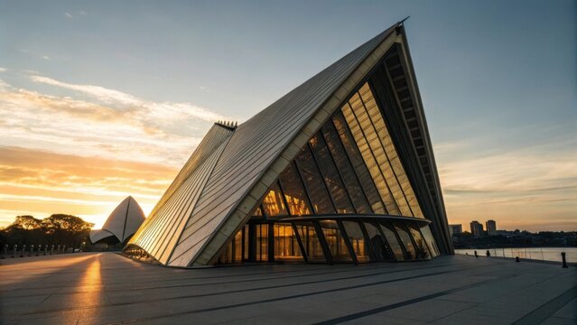 Modern architectural structure bathed in golden sunset light.