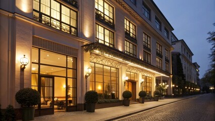 Elegant hotel facade illuminated at night with decorative landscaping.