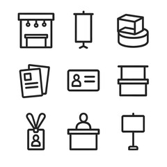 Trade Show Icons. Outline icon set of trade shows: exhibition booth, banner display, product sample, brochure stack, business card