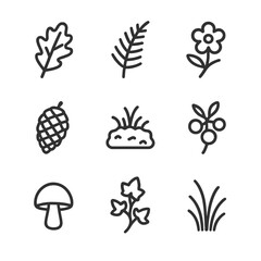 Trail Flora Icons. Outline icon set of trail flora: oak leaf, fern frond, wildflower bloom, pine cone, moss patch, berry cluster,