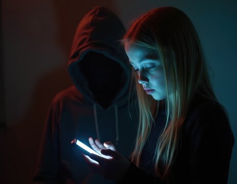 Young girl uses smartphone in dark. Unaware of online dangers lurking in the background. Cyberbullying, cyberstalking, online predators. Child safety concept illustration.