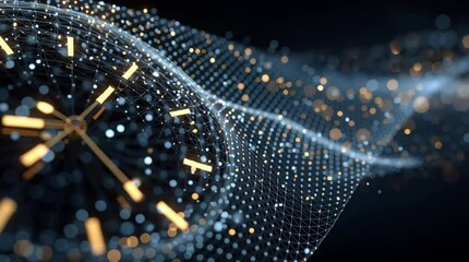 Abstract Golden Clock with Digital Data Flow - Business, Technology, Global Network and Time Management - Powered by Adobe