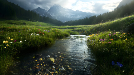 A picturesque mountain meadow with a crystal-clear stream meandering through lush green grass and colorful flowers.