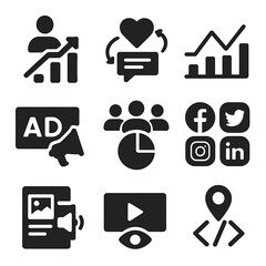 Social Media Analytics Icons. Solid, filled icons set of social media analytics and ROI: follower growth,