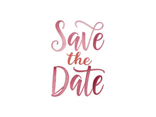 Brush pen hand-drawn watercolor lettering of Save the Date phrase in artistic style for wedding invitation, announcement, greeting card or romantic decorative designs