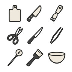 Fototapeta premium Tuna Prep Tool Icons. Flat icon set of tuna steak preparation tools: cutting board, chef’s knife, fish scaler, kitchen shears,