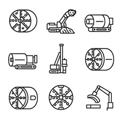 Tunneling Machine Icons Set. Outline icon set of tunneling and boring machines: tunnel boring machine, roadheader, microtunneling
