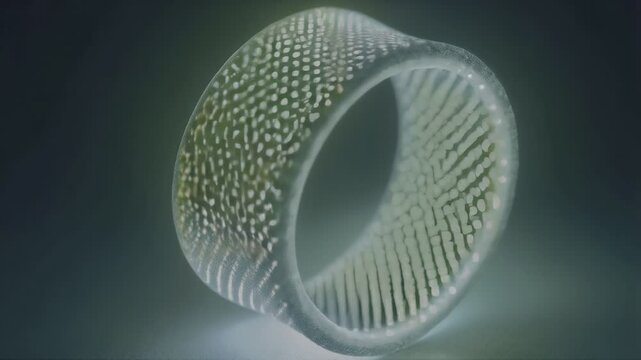 A glowing, textured M&ouml;bius strip rendered in shades of green, creating a futuristic, abstract design against a dark background