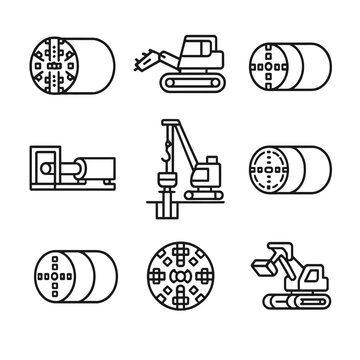 Tunneling Machine Icons Set. Outline icon set of tunneling and boring machines: tunnel boring machine, roadheader, microtunneling