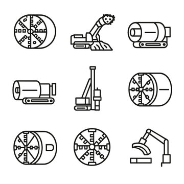 Tunneling Machine Icons Set. Outline icon set of tunneling and boring machines: tunnel boring machine, roadheader, microtunneling