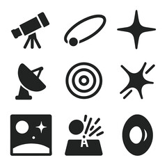Space Telescope Icons. Solid, filled icons set of space telescope basics: telescope icon, orbit path, star