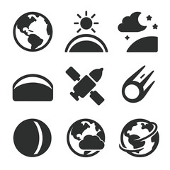 Space-Earth Icon Set. Solid, filled icons set of space and Earth interaction: Earth from space, sunlight path,