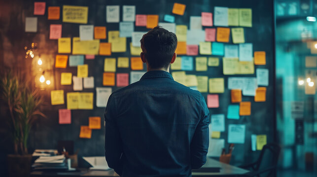 a startup founder brainstorming ideas with sticky notes on wall