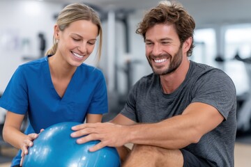 Physical therapist assists patient with balance ball exercise in gym setting