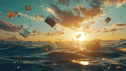 Obraz premium Floating Plastic Waste in Ocean Water During Sunset with Environmental Concerns About Pollution and Marine Life Impact