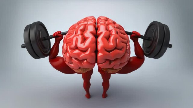Red digital brain lifting barbell, gray gradient.