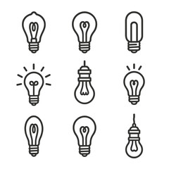Vintage Bulb Icons. Outline icon set of vintage incandescent bulbs: Edison bulb, filament coil, screw base, glass envelope, warm