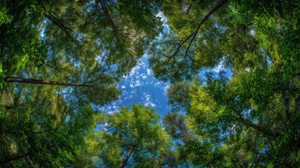 Fototapeta premium 木々に囲まれた夏空を見上げて
