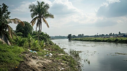 Scenic river view with palm trees and lush vegetation, showcasing serene landscape and calm waters under a cloudy sky in a natural environment