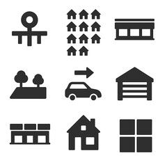 Suburban Expansion Icons. Solid, filled icons set of suburban expansion patterns: cul-de-sac layout, housing