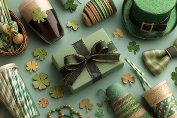Green ribbon-adorned gift box, This is a top view of the green party glasses with hat decorations for St. Patrick's Day. Generative Ai