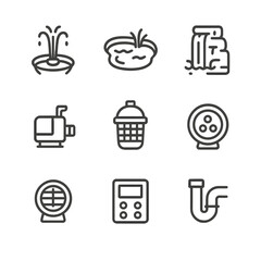 Waterfall Icon Set. Outline icon set of man-made waterfalls: fountain jet, garden pond, rock wall, pump icon, filter system, LED