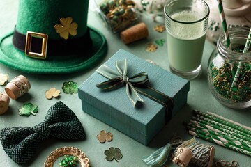 Green ribbon-adorned gift box, This is a top view of the green party glasses with hat decorations for St. Patrick's Day. Generative Ai