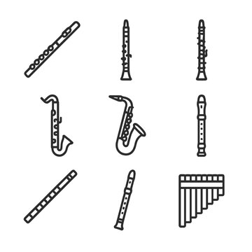 Woodwind Icons Grid. Outline icon set of woodwind instruments: flute, clarinet, oboe, bassoon, saxophone, recorder, piccolo,